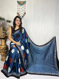 Blue Ajrakh Primum Modal Silk Saree With Blouse