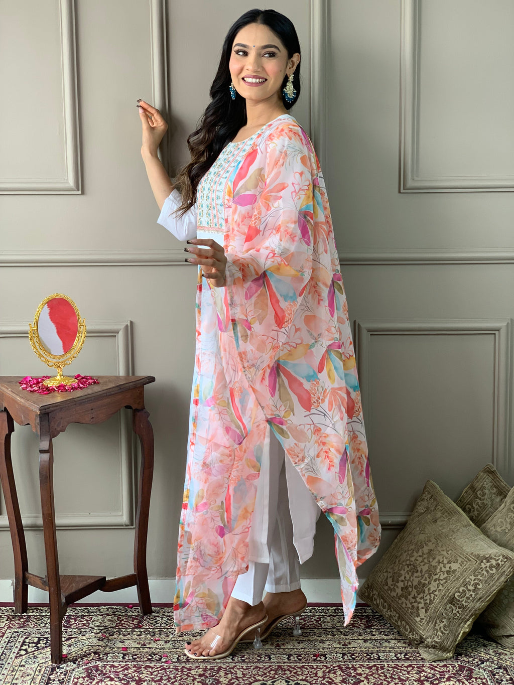 New White Color Viscos Chanderi Kurti pant Set