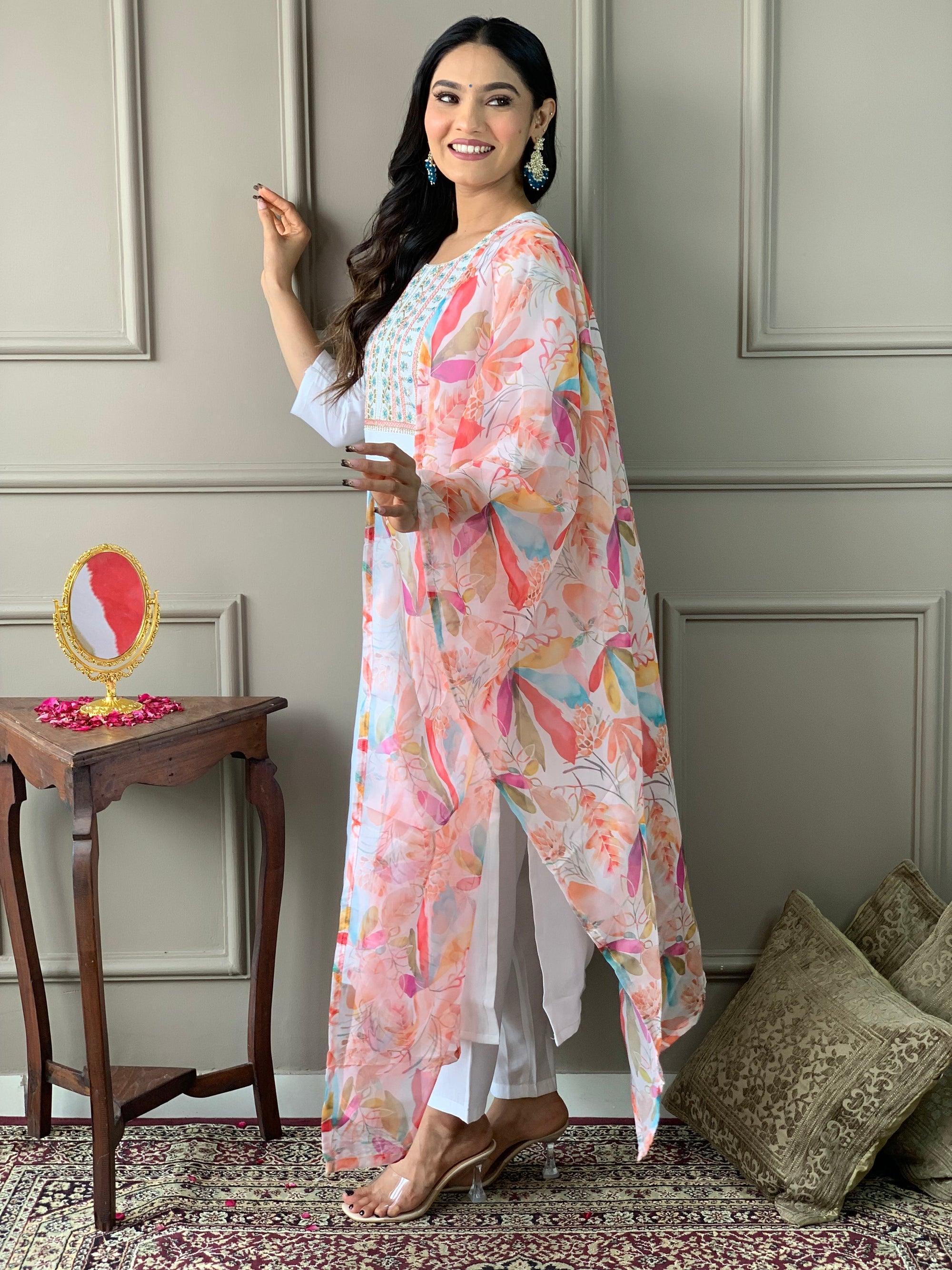 New White Color Viscos Chanderi Kurti pant Set