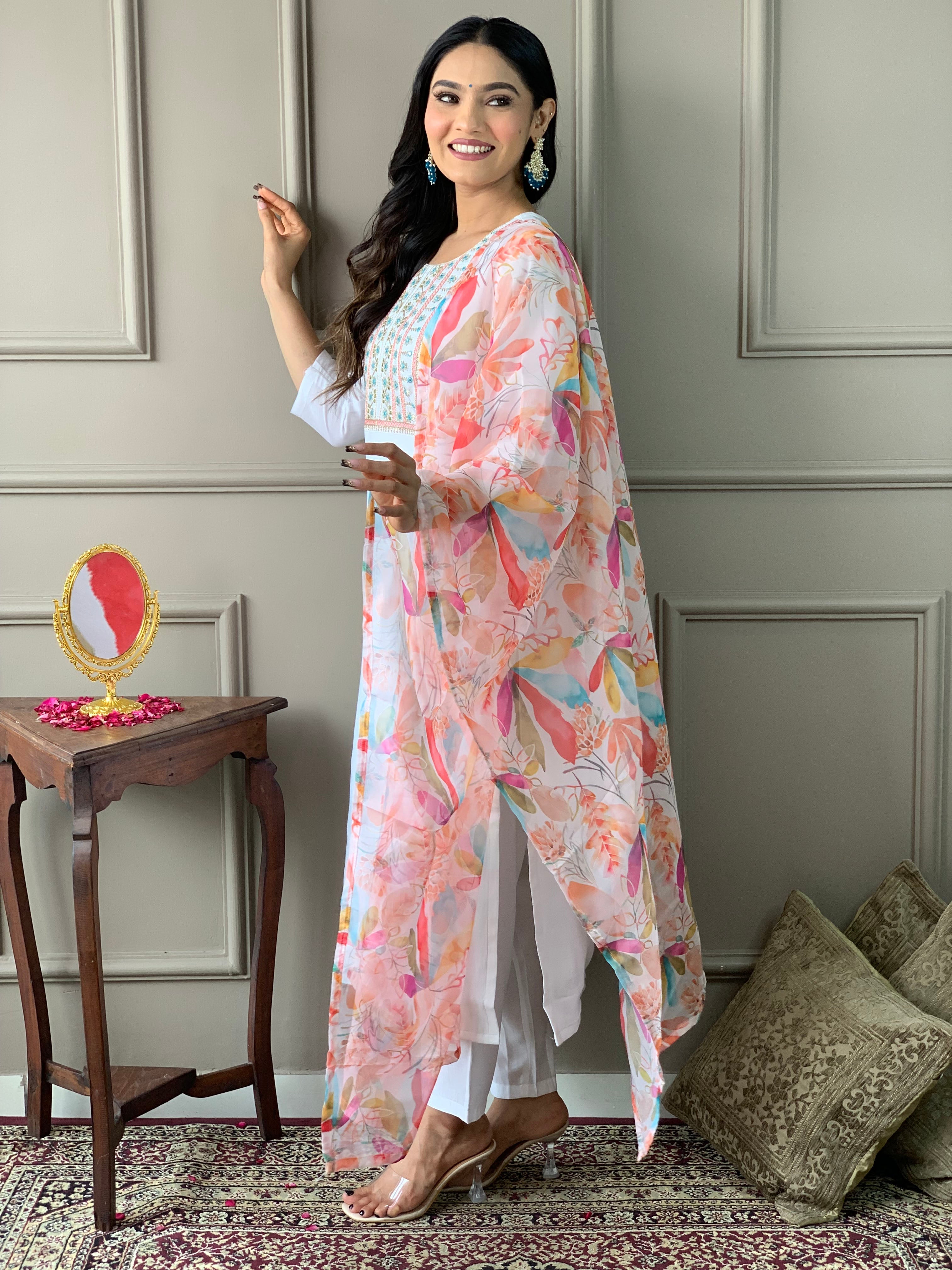 New White Color Viscos Chanderi Kurti pant Set