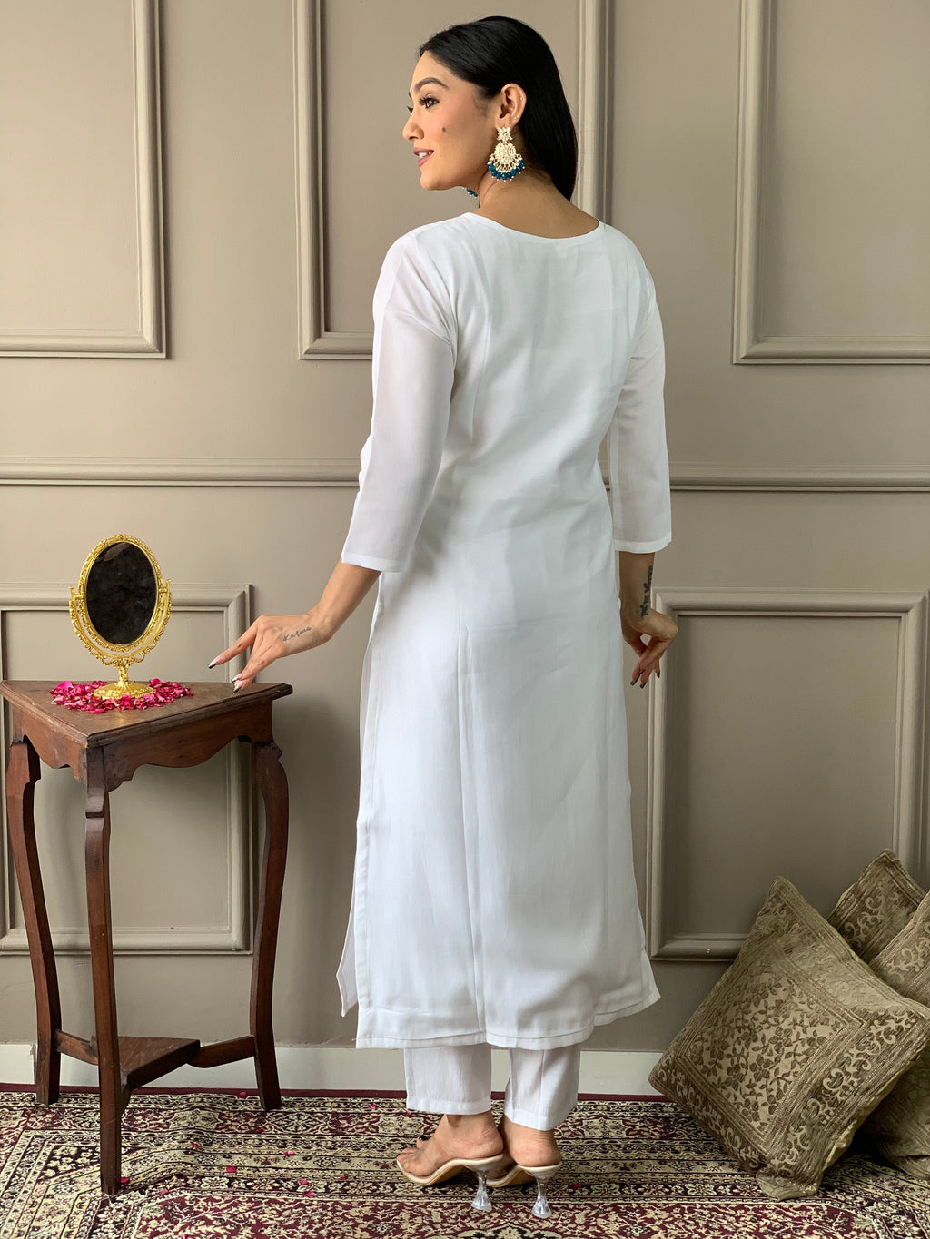 New White Color Viscos Chanderi Kurti pant Set