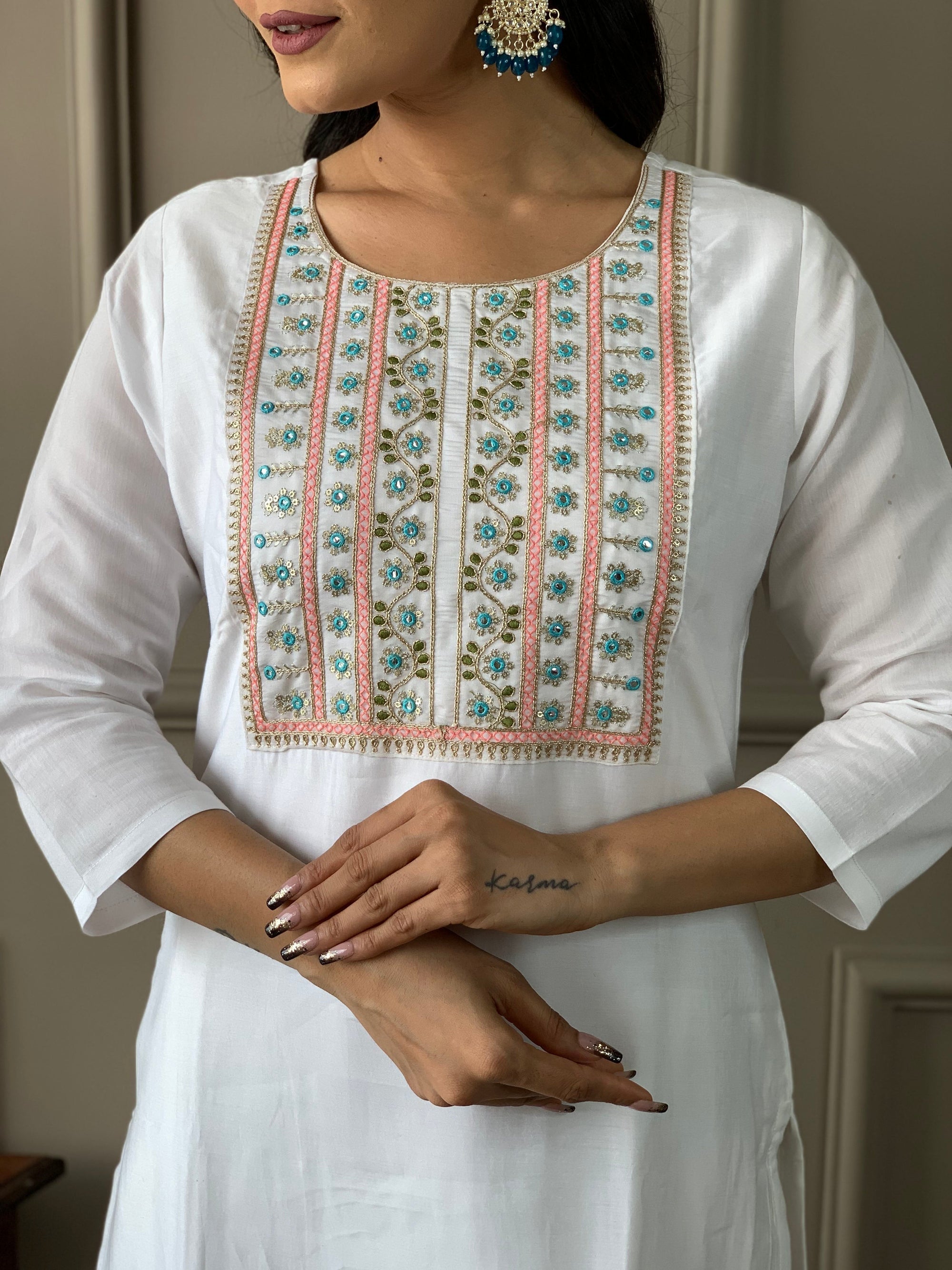 New White Color Viscos Chanderi Kurti pant Set
