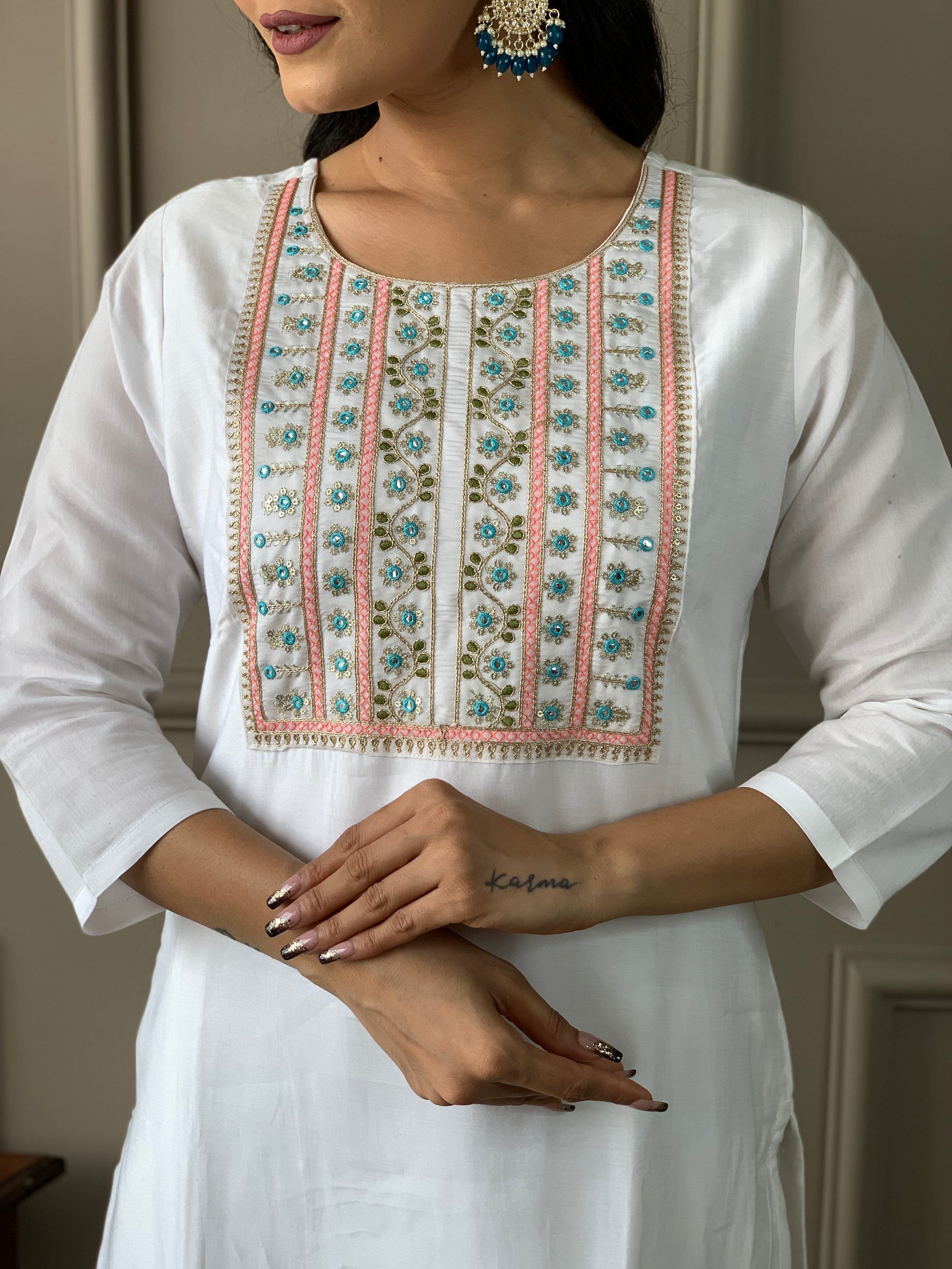 New White Color Viscos Chanderi Kurti pant Set