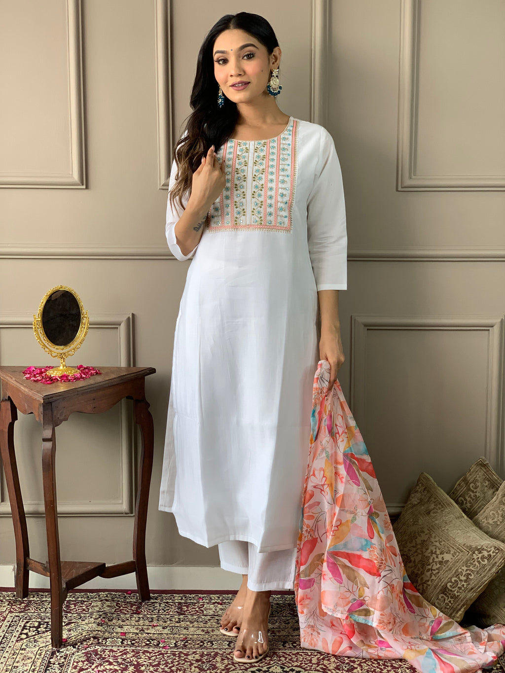 New White Color Viscos Chanderi Kurti pant Set