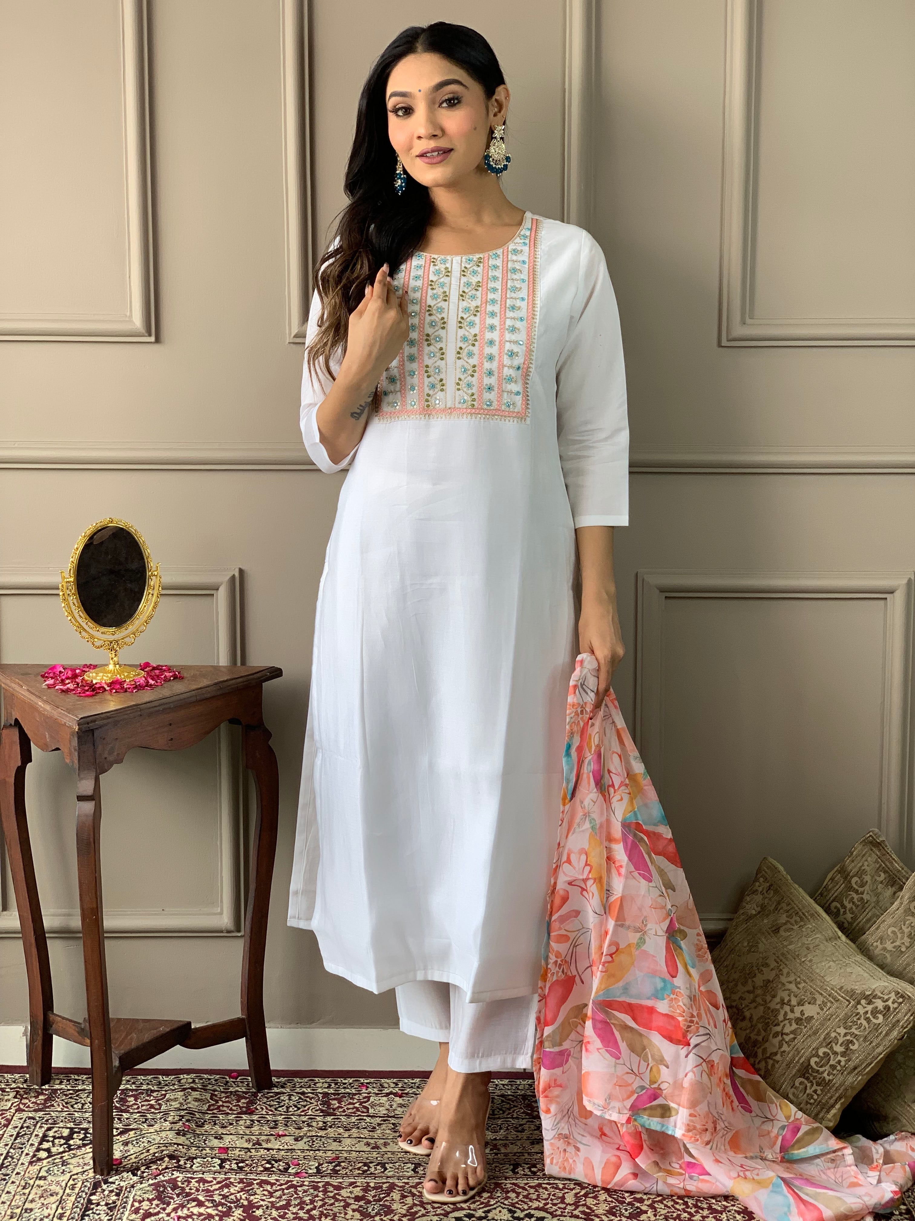 New White Color Viscos Chanderi Kurti pant Set