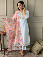 New White Color Viscos Chanderi Kurti pant Set