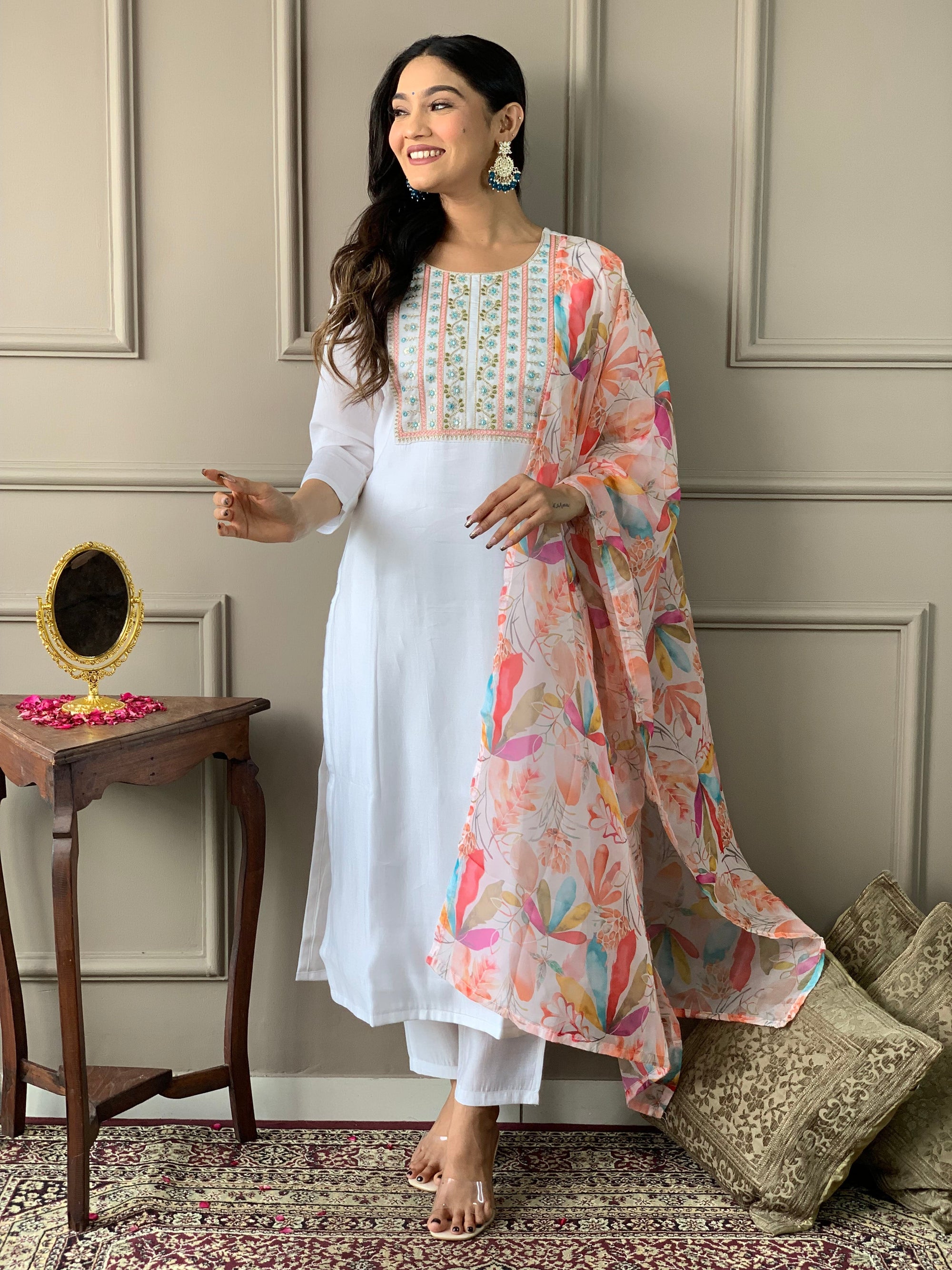 New White Color Viscos Chanderi Kurti pant Set