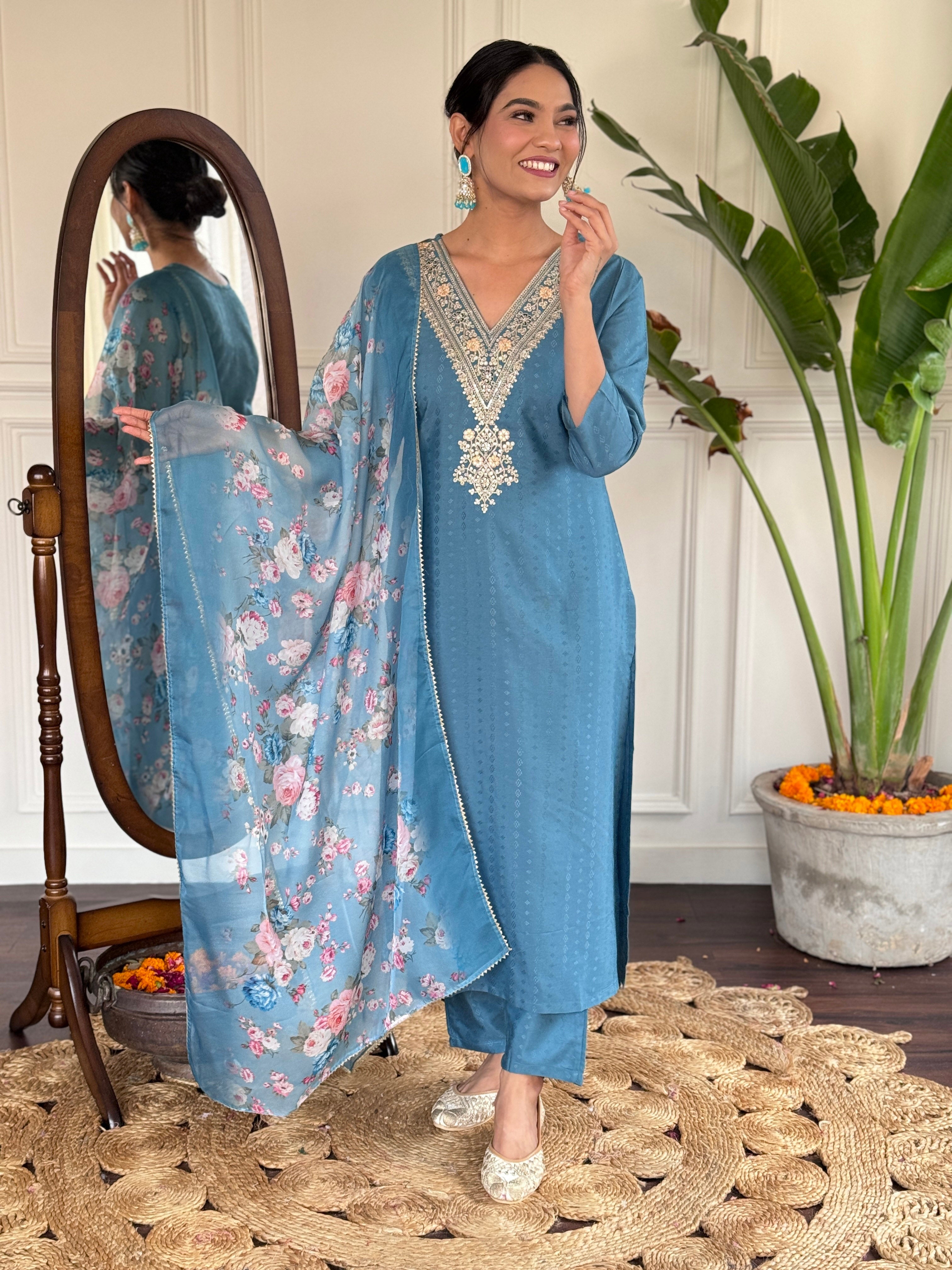 Sky blue Color Viscoz Rayon Casual Kurti Pant Set