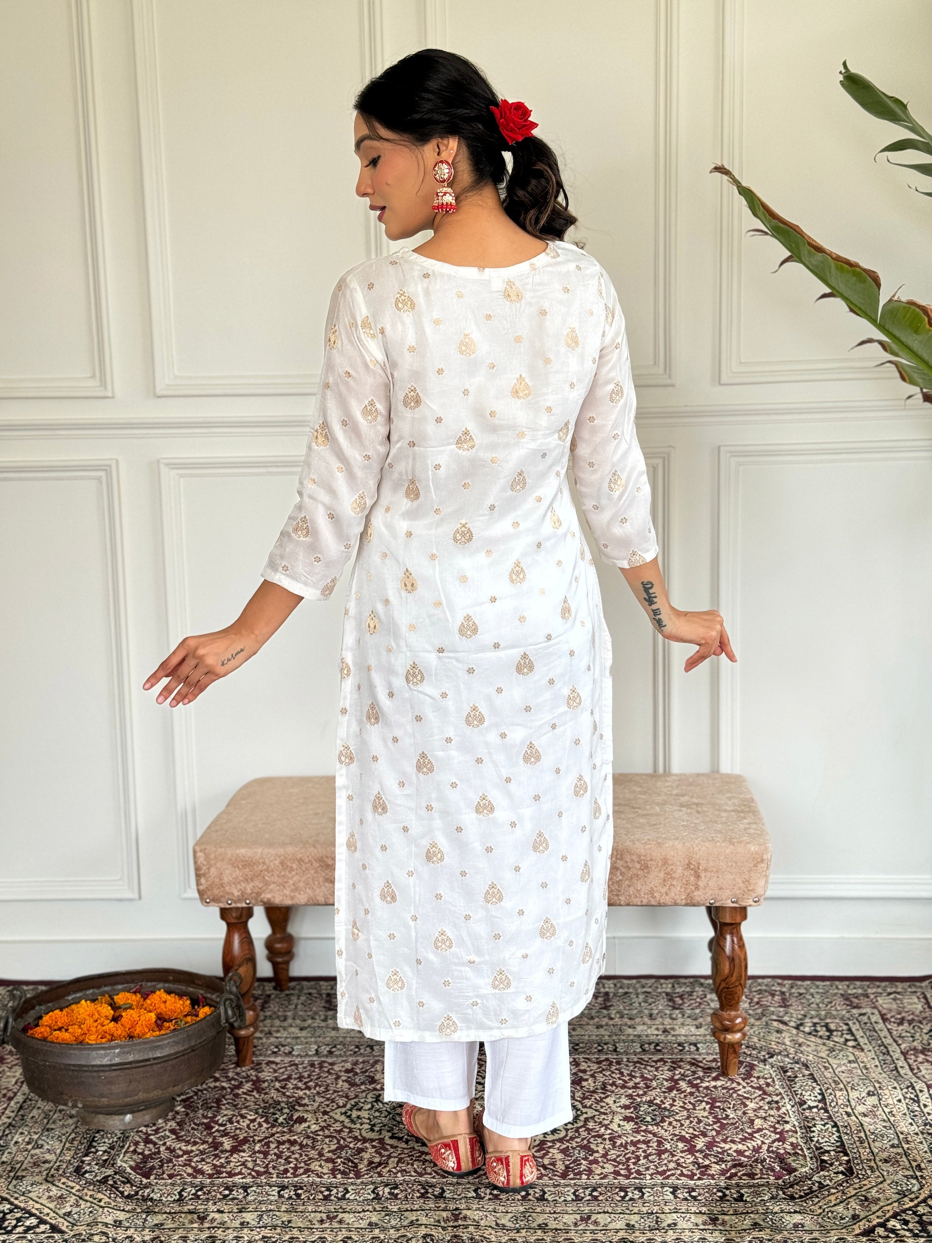 Beautiful White Color Jaquard Kurti Pant Set