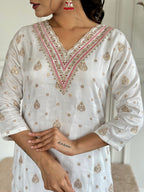 Beautiful White Color Jaquard Kurti Pant Set