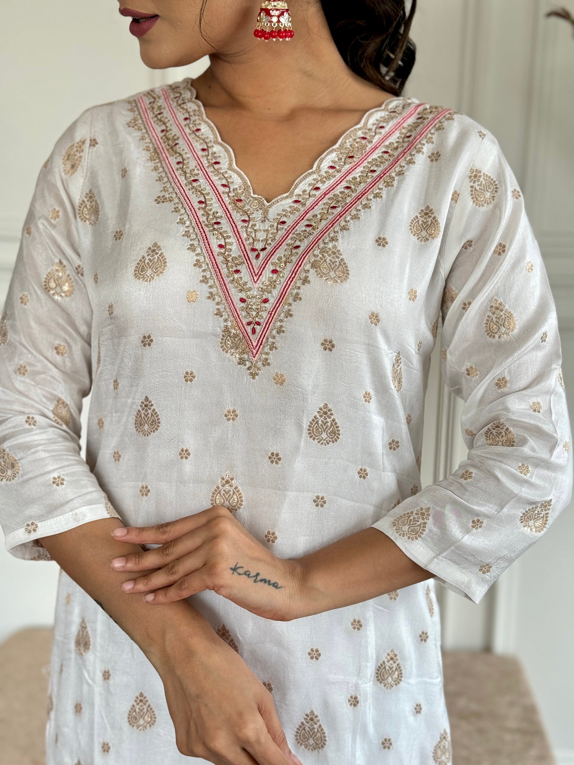 Beautiful White Color Jaquard Kurti Pant Set