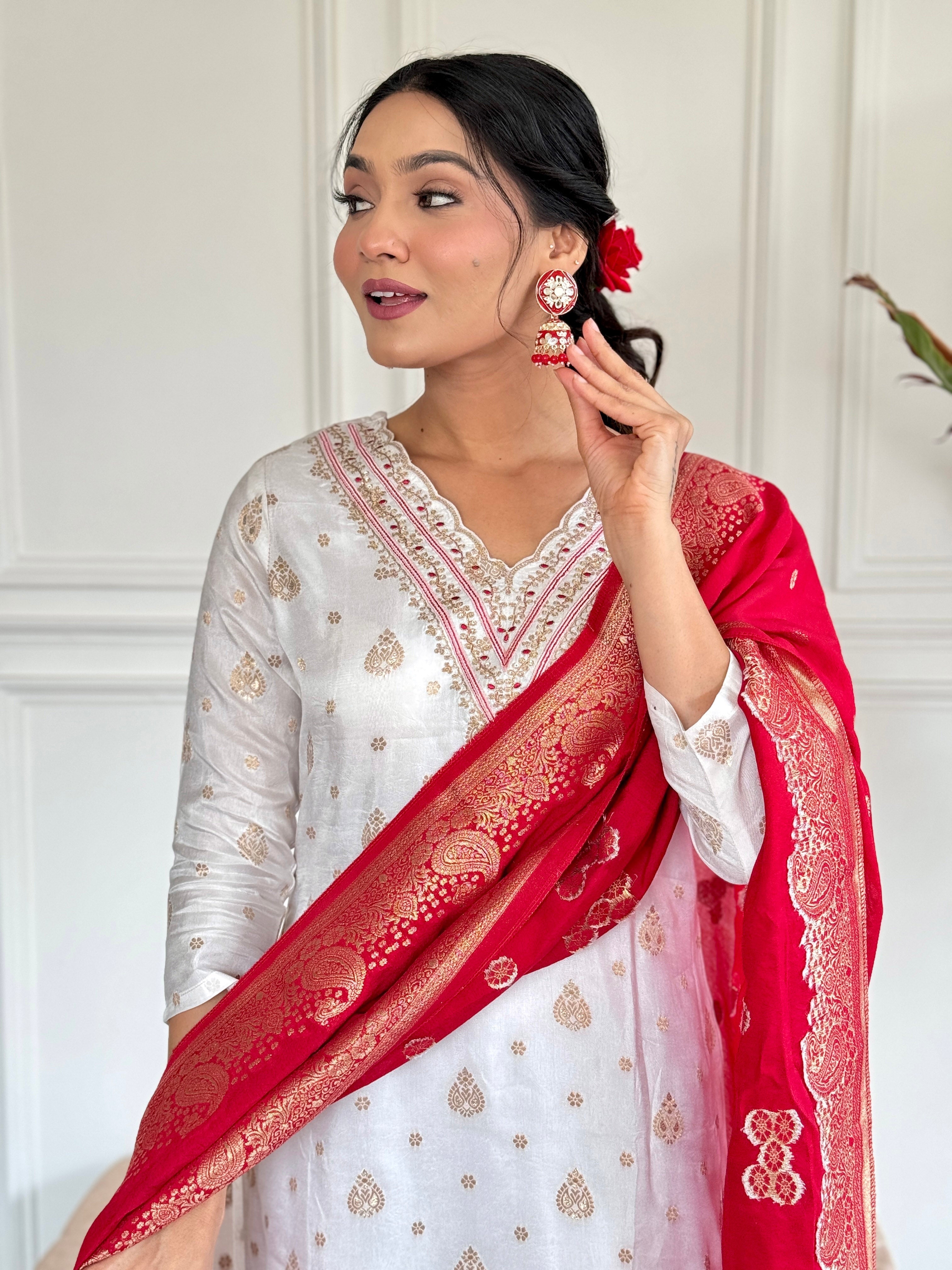 Beautiful White Color Jaquard Kurti Pant Set