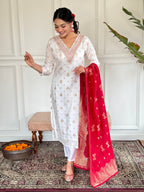 Beautiful White Color Jaquard Kurti Pant Set