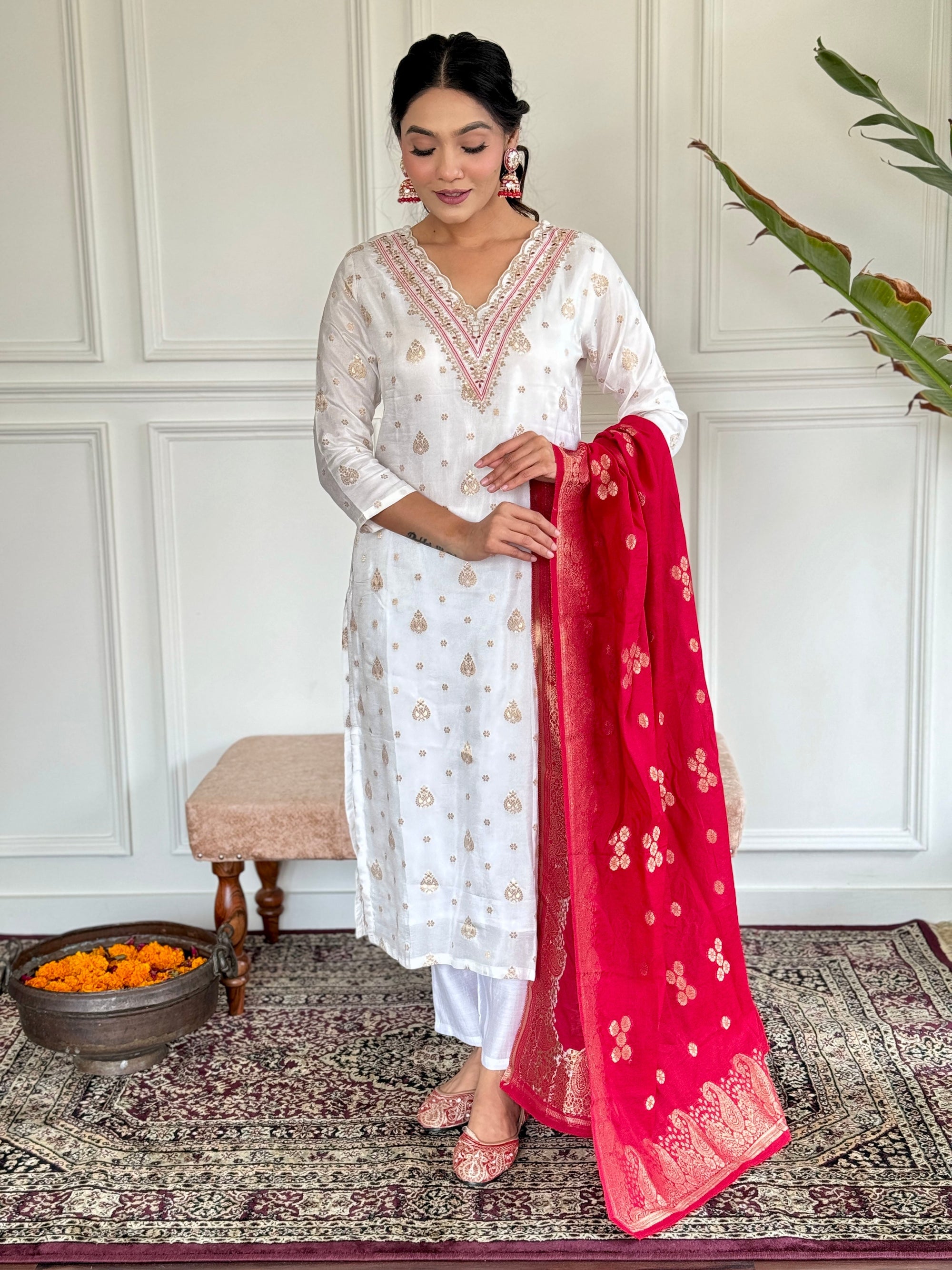 Beautiful White Color Jaquard Kurti Pant Set