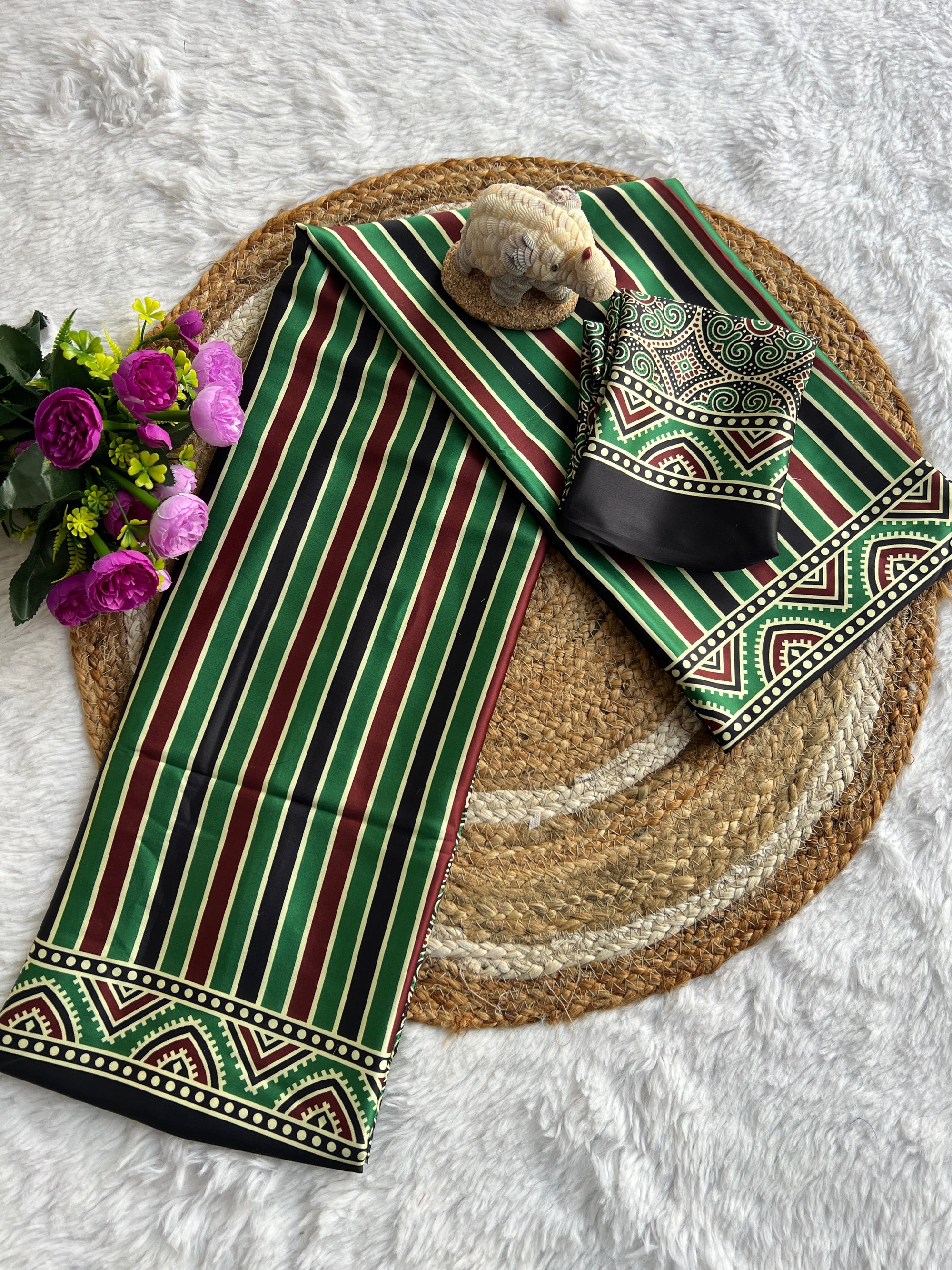 Green Line Ajrakh Primum Modal Silk Saree With Blouse