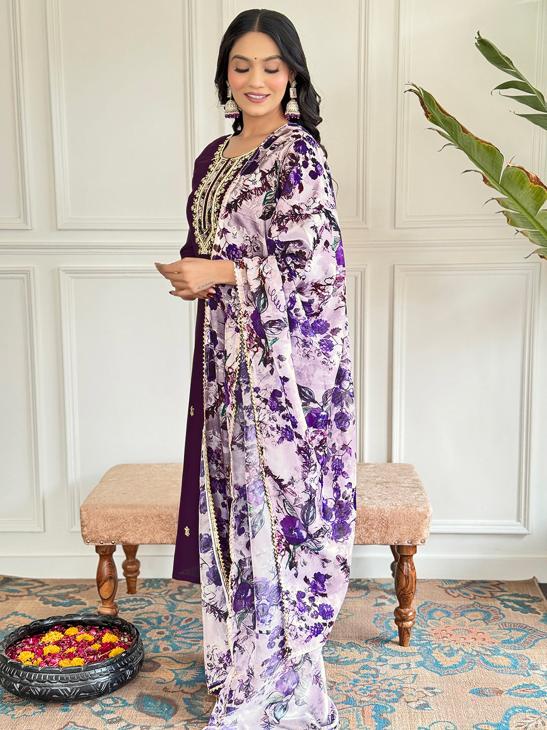 Beautiful Wine Color Viscose Chanderi Kurtis Pant Set
