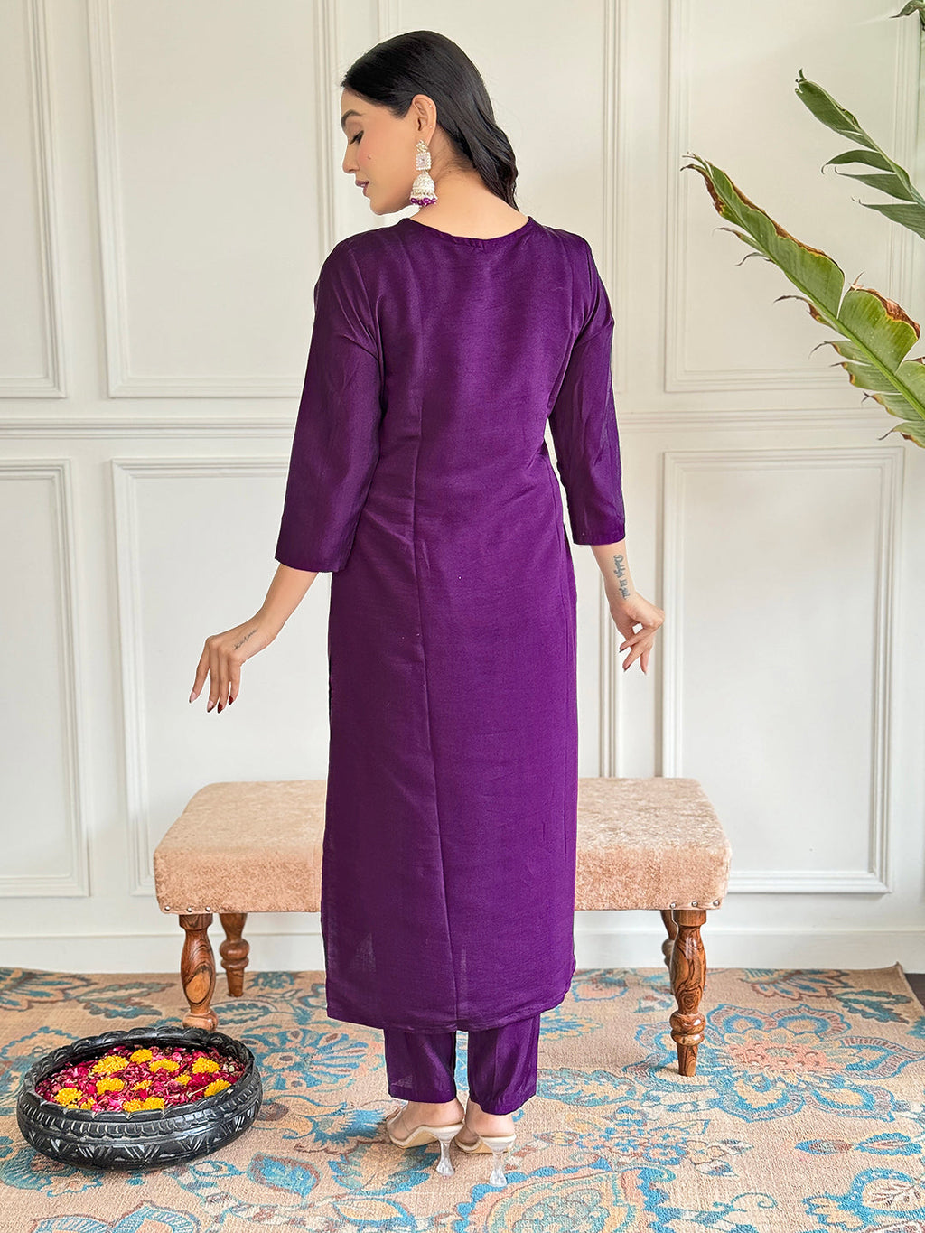Beautiful Wine Color Viscose Chanderi Kurtis Pant Set