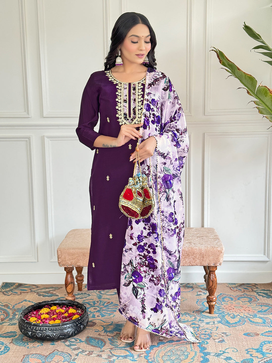 Beautiful Wine Color Viscose Chanderi Kurtis Pant Set