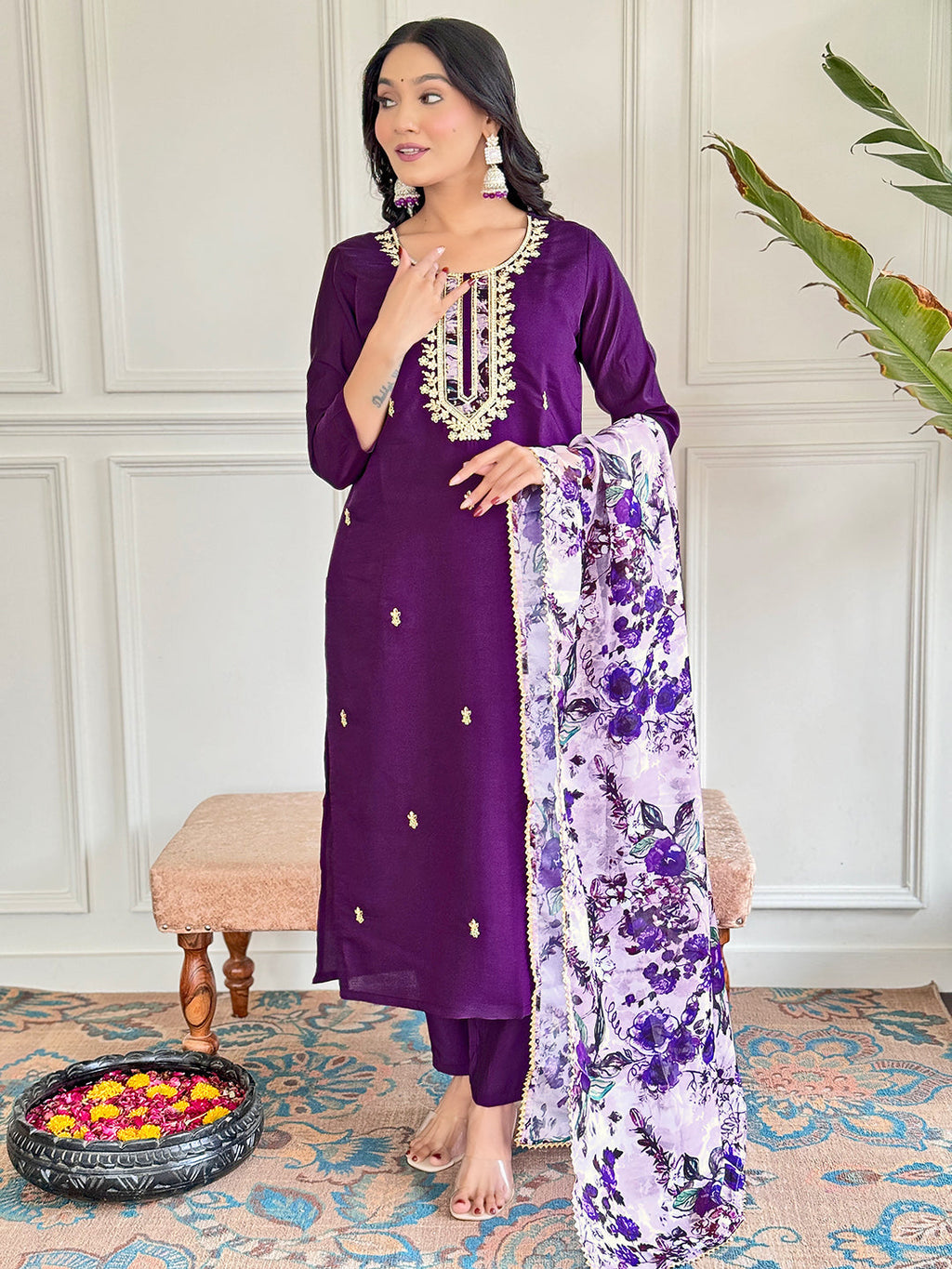 Beautiful Wine Color Viscose Chanderi Kurtis Pant Set