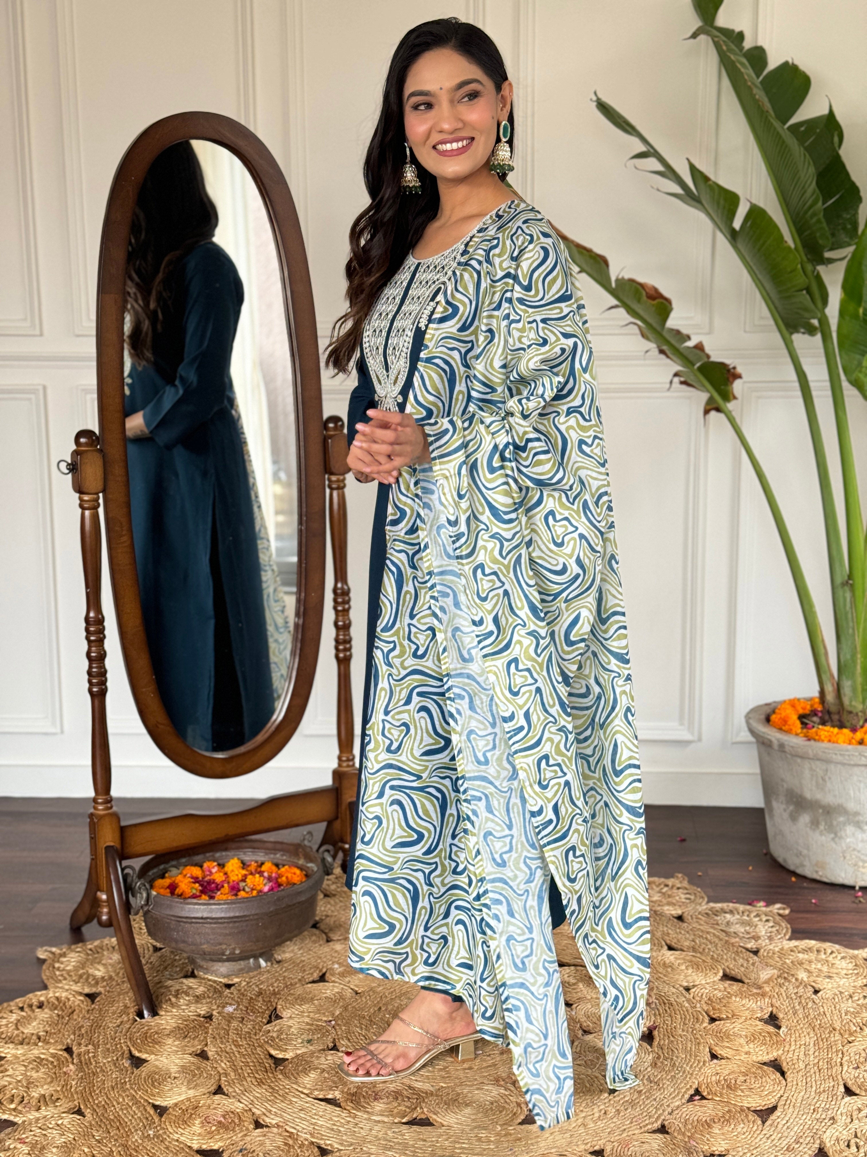 Beautiful Blue Color Viscose Slub Kurtis Pant Set