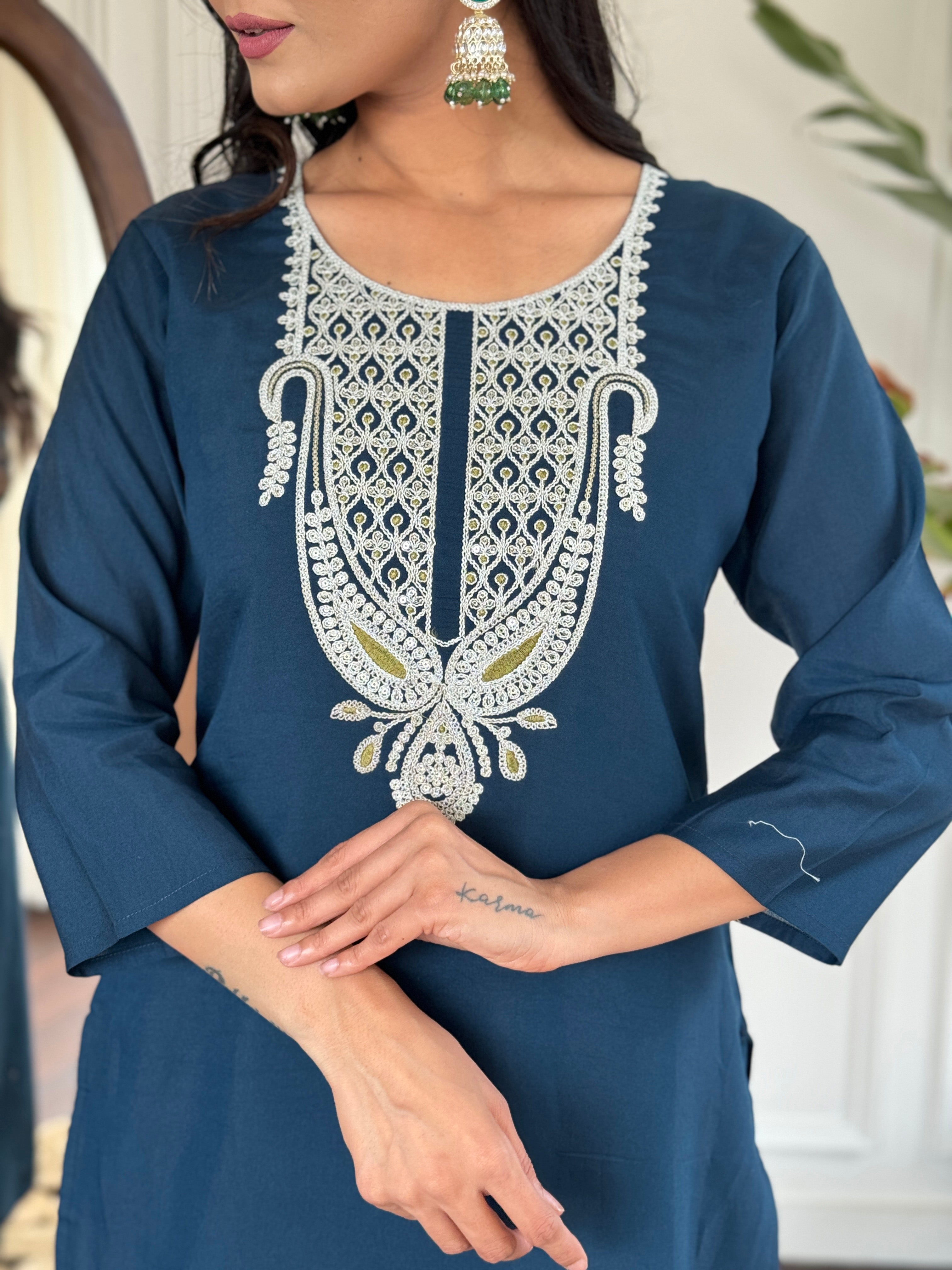 Beautiful Blue Color Viscose Slub Kurtis Pant Set