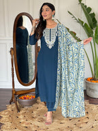 Beautiful Blue Color Viscose Slub Kurtis Pant Set
