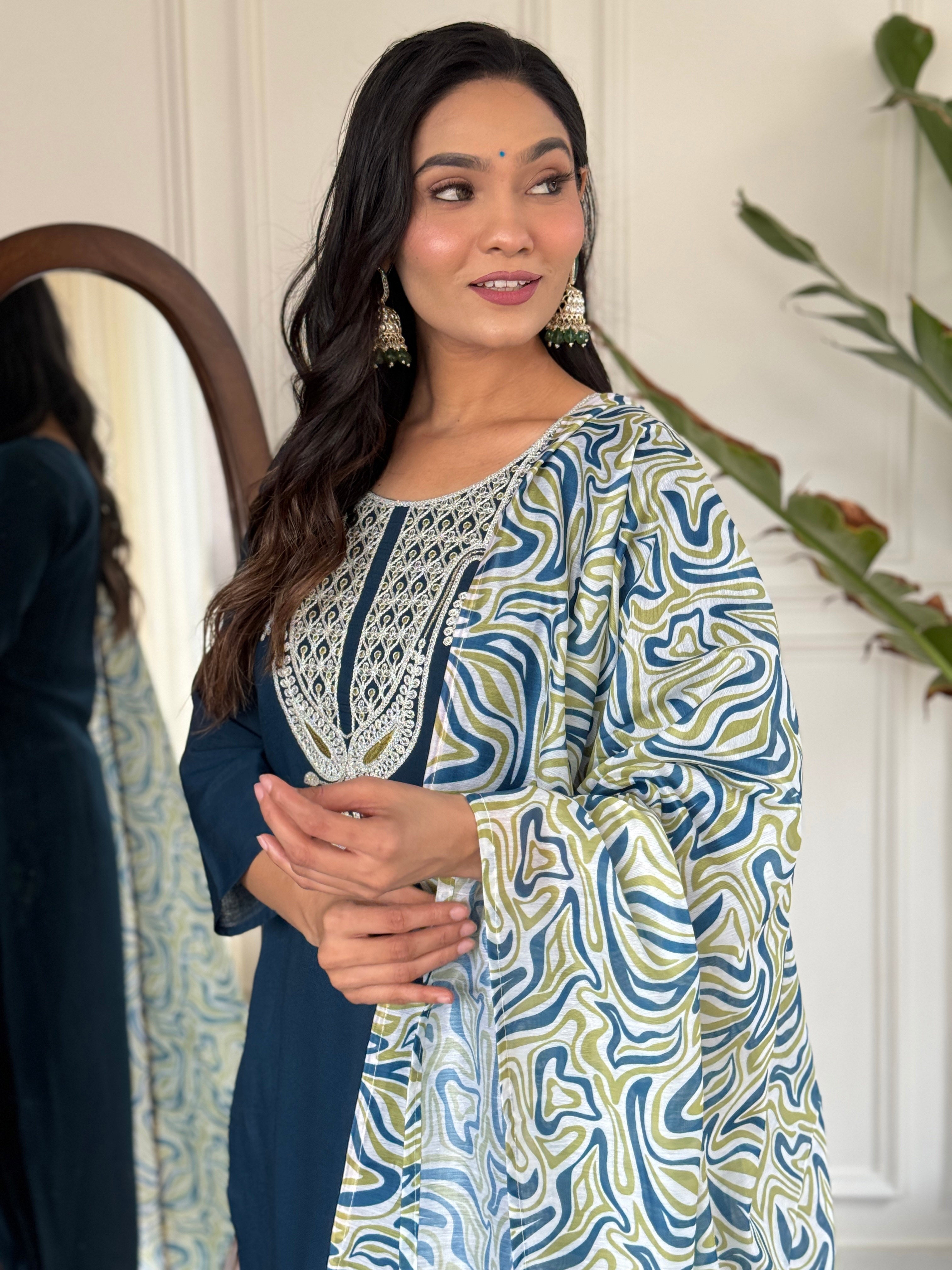 Beautiful Blue Color Viscose Slub Kurtis Pant Set
