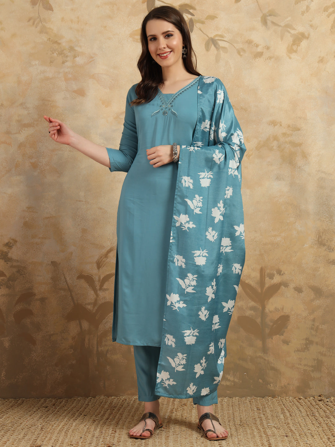 Beautiful Sky Blue Color Viscose Chanderi Kurtis Pant Set