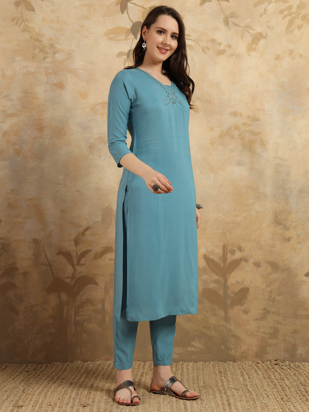 Beautiful Sky Blue Color Viscose Chanderi Kurtis Pant Set