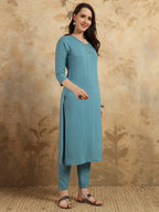 Beautiful Sky Blue Color Viscose Chanderi Kurtis Pant Set