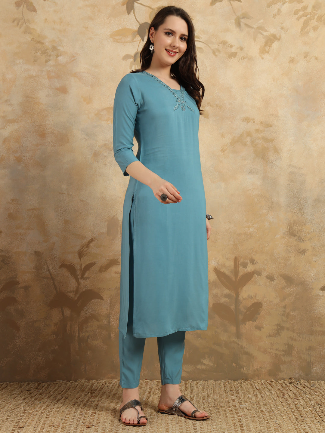 Beautiful Sky Blue Color Viscose Chanderi Kurtis Pant Set