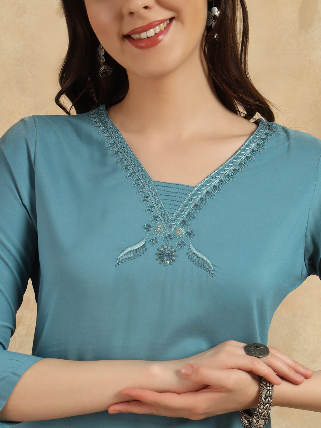 Beautiful Sky Blue Color Viscose Chanderi Kurtis Pant Set