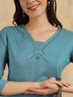 Beautiful Sky Blue Color Viscose Chanderi Kurtis Pant Set