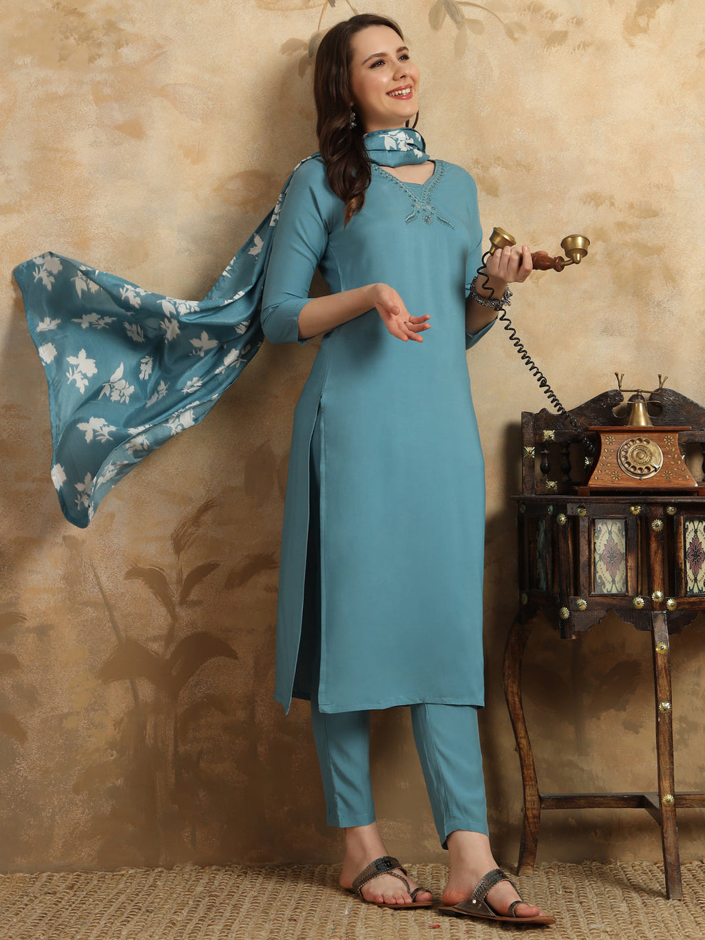 Beautiful Sky Blue Color Viscose Chanderi Kurtis Pant Set