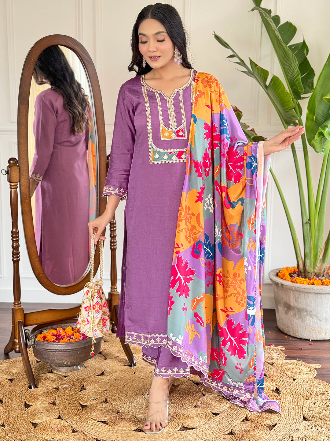 Beautiful Lavender Color Viscose Slub Kurtis Pant Set