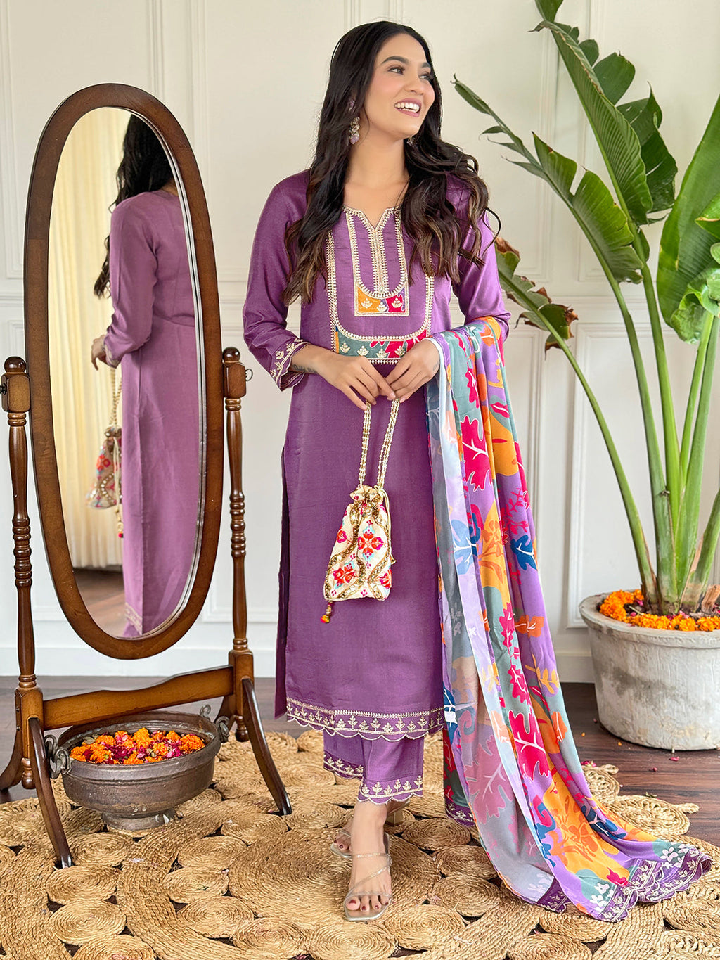 Beautiful Lavender Color Viscose Slub Kurtis Pant Set