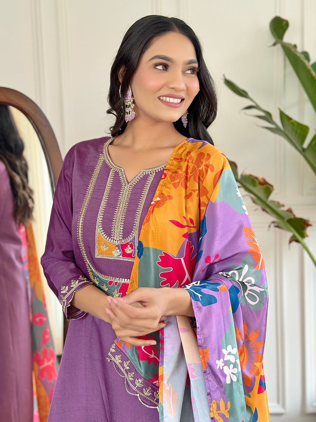 Beautiful Lavender Color Viscose Slub Kurtis Pant Set