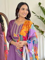 Beautiful Lavender Color Viscose Slub Kurtis Pant Set