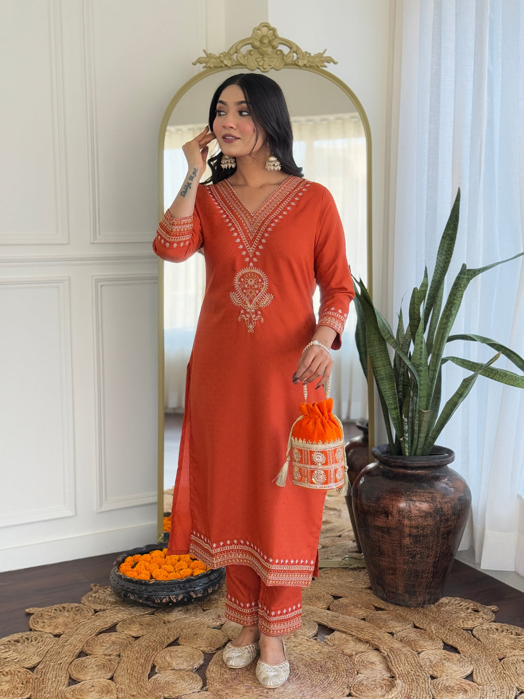 Beautiful Orange Color Viscose Rayon Fabric Kurtis Pant Set