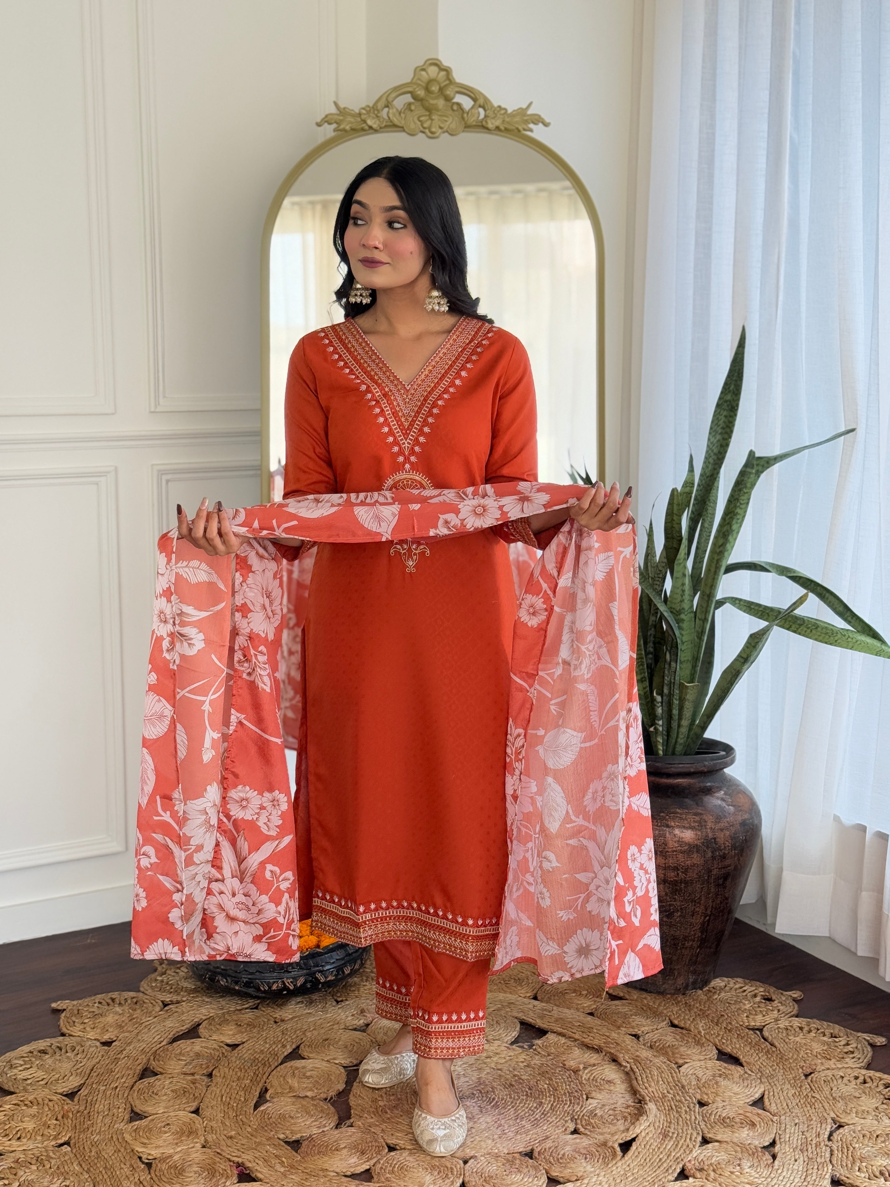 Beautiful Orange Color Viscose Rayon Fabric Kurtis Pant Set