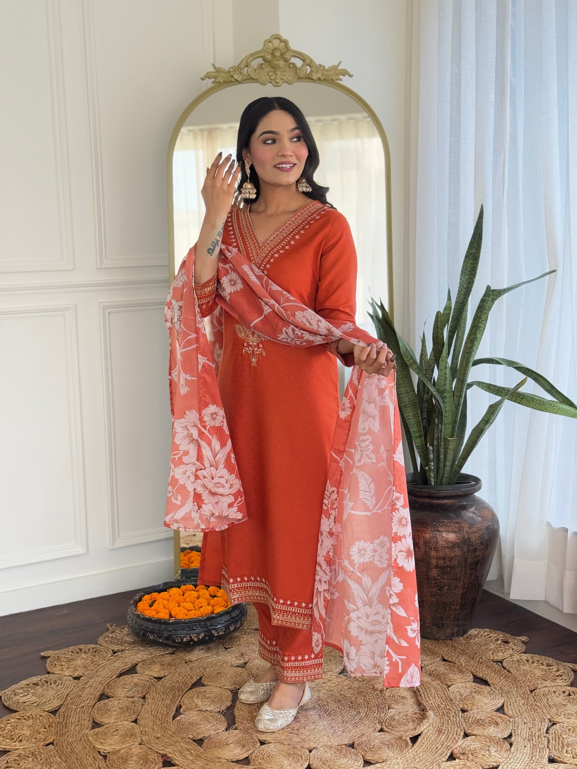 Beautiful Orange Color Viscose Rayon Fabric Kurtis Pant Set