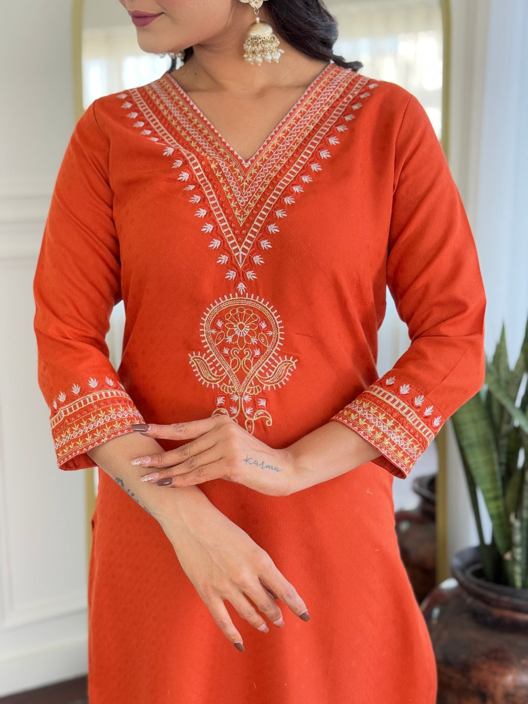 Beautiful Orange Color Viscose Rayon Fabric Kurtis Pant Set