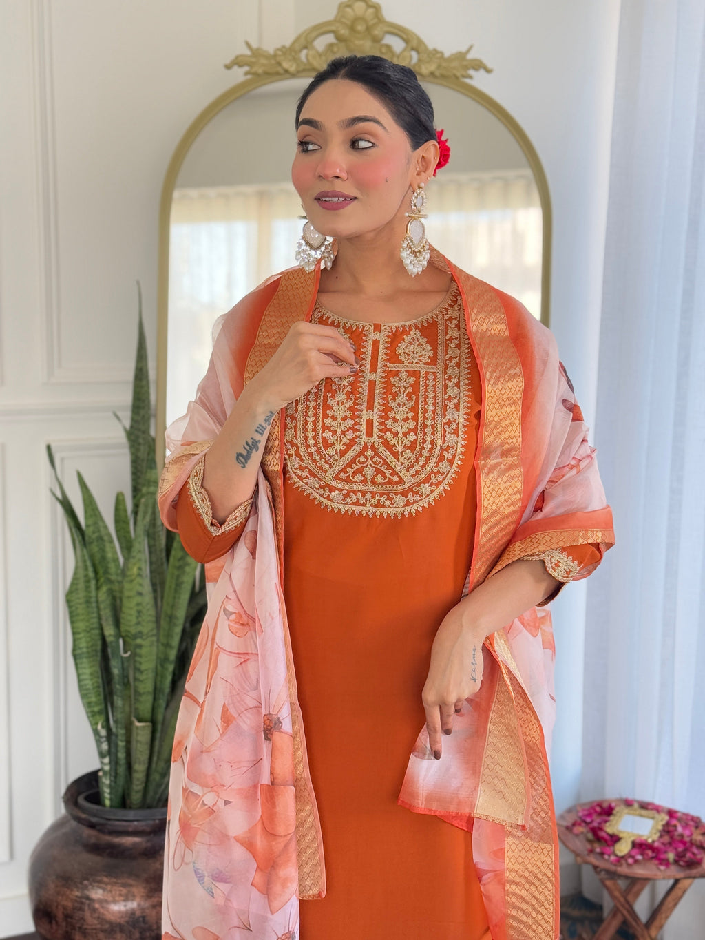 Beautiful Orange Color Viscose Rayon Fabric Kurtis Pant Set