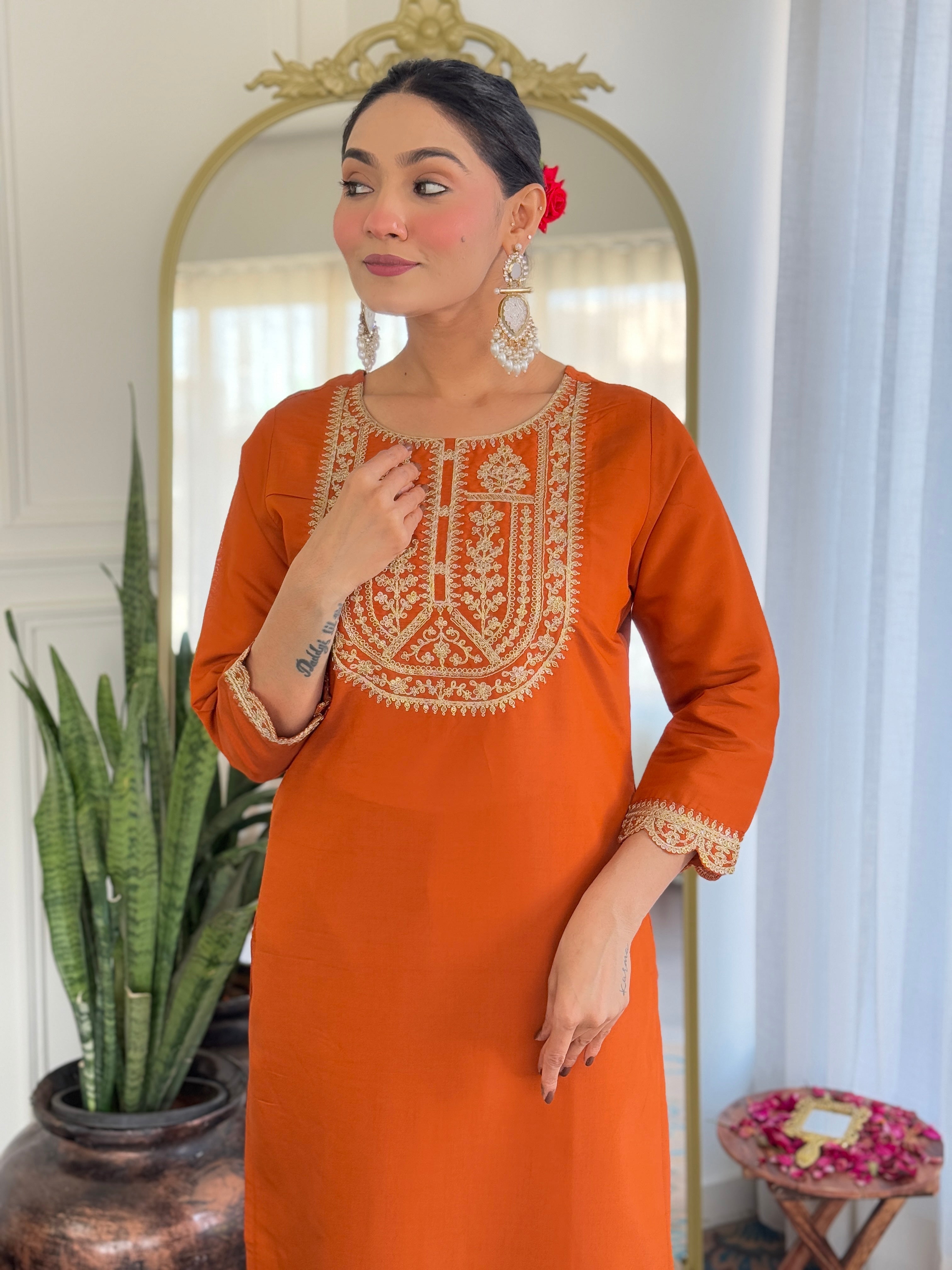 Beautiful Orange Color Viscose Rayon Fabric Kurtis Pant Set