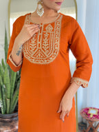 Beautiful Orange Color Viscose Rayon Fabric Kurtis Pant Set