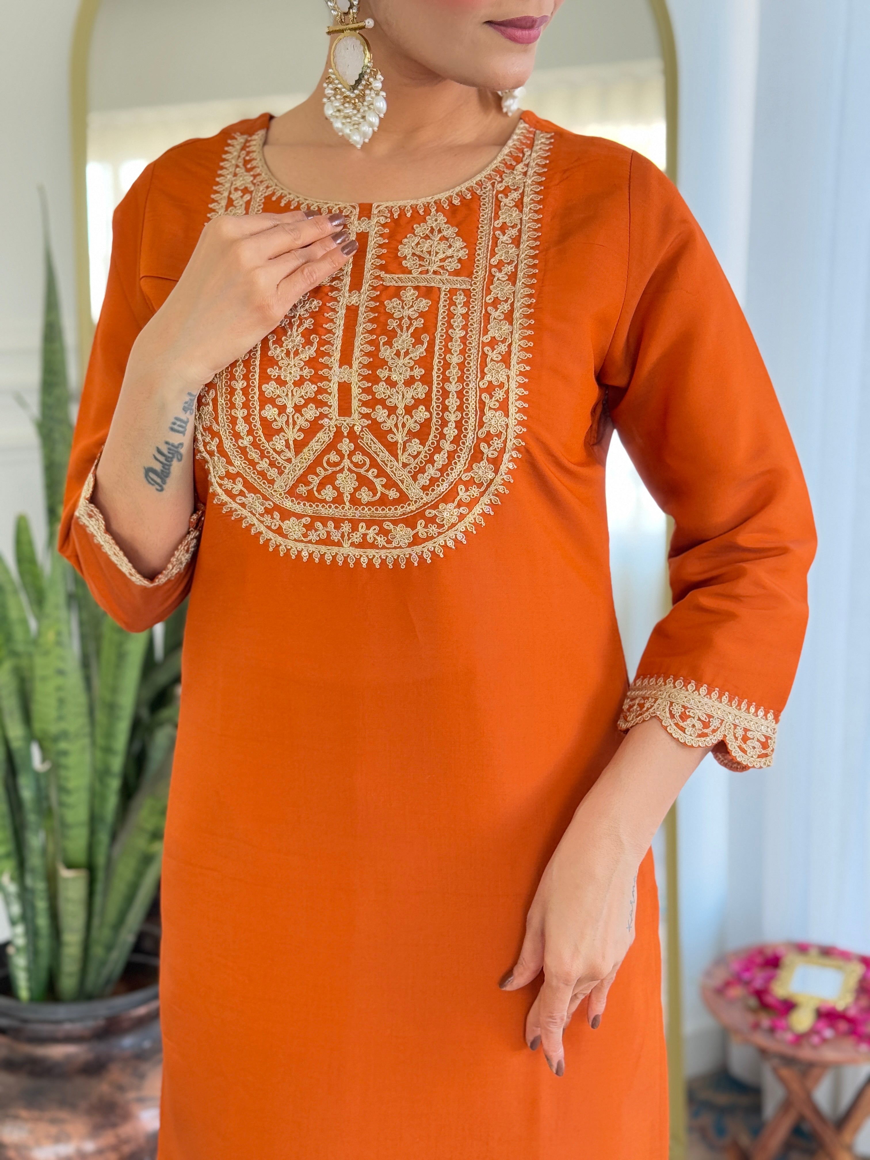 Beautiful Orange Color Viscose Rayon Fabric Kurtis Pant Set