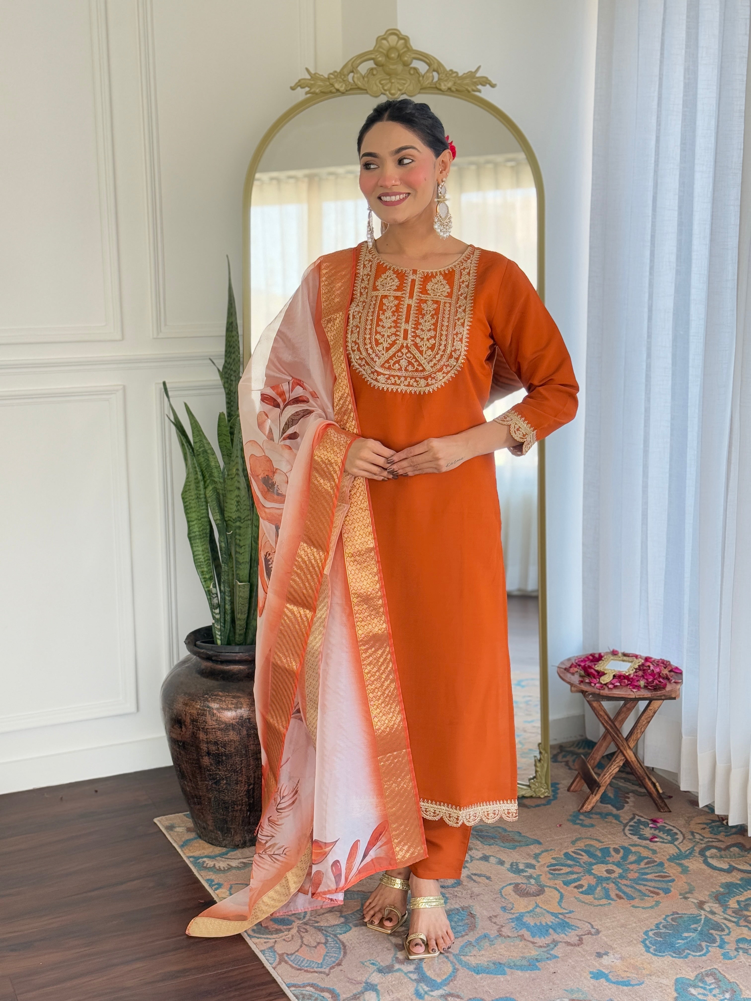 Beautiful Orange Color Viscose Rayon Fabric Kurtis Pant Set