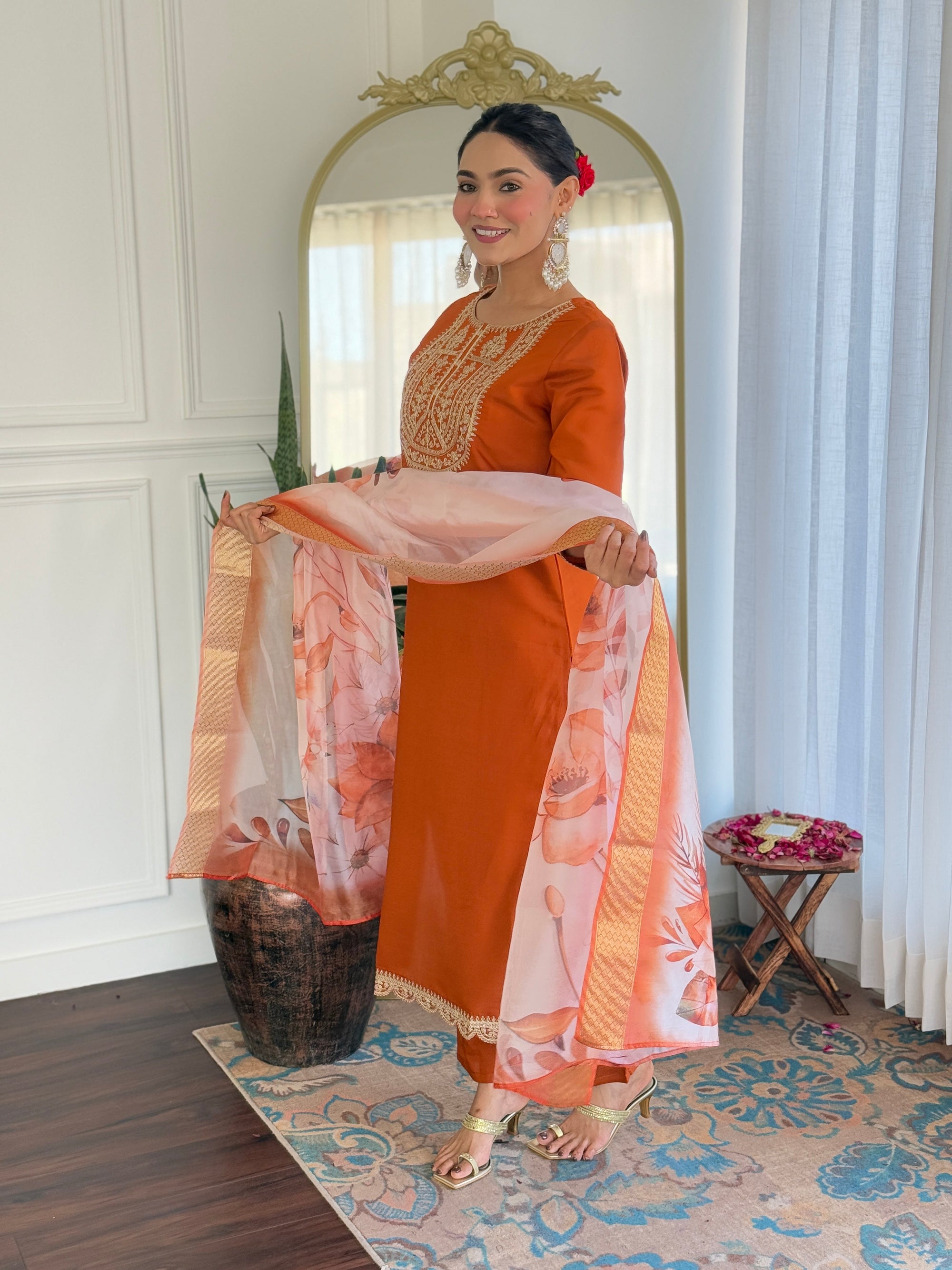 Beautiful Orange Color Viscose Rayon Fabric Kurtis Pant Set