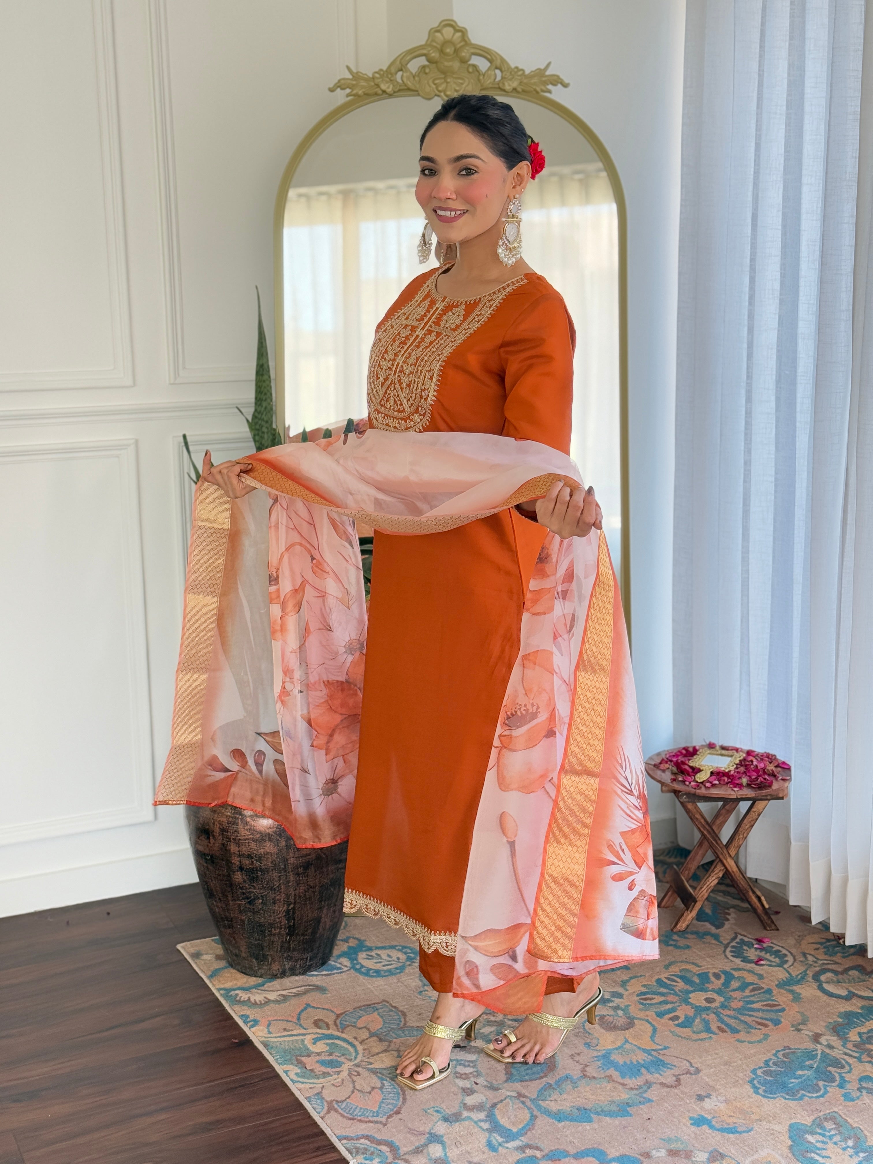 Beautiful Orange Color Viscose Rayon Fabric Kurtis Pant Set