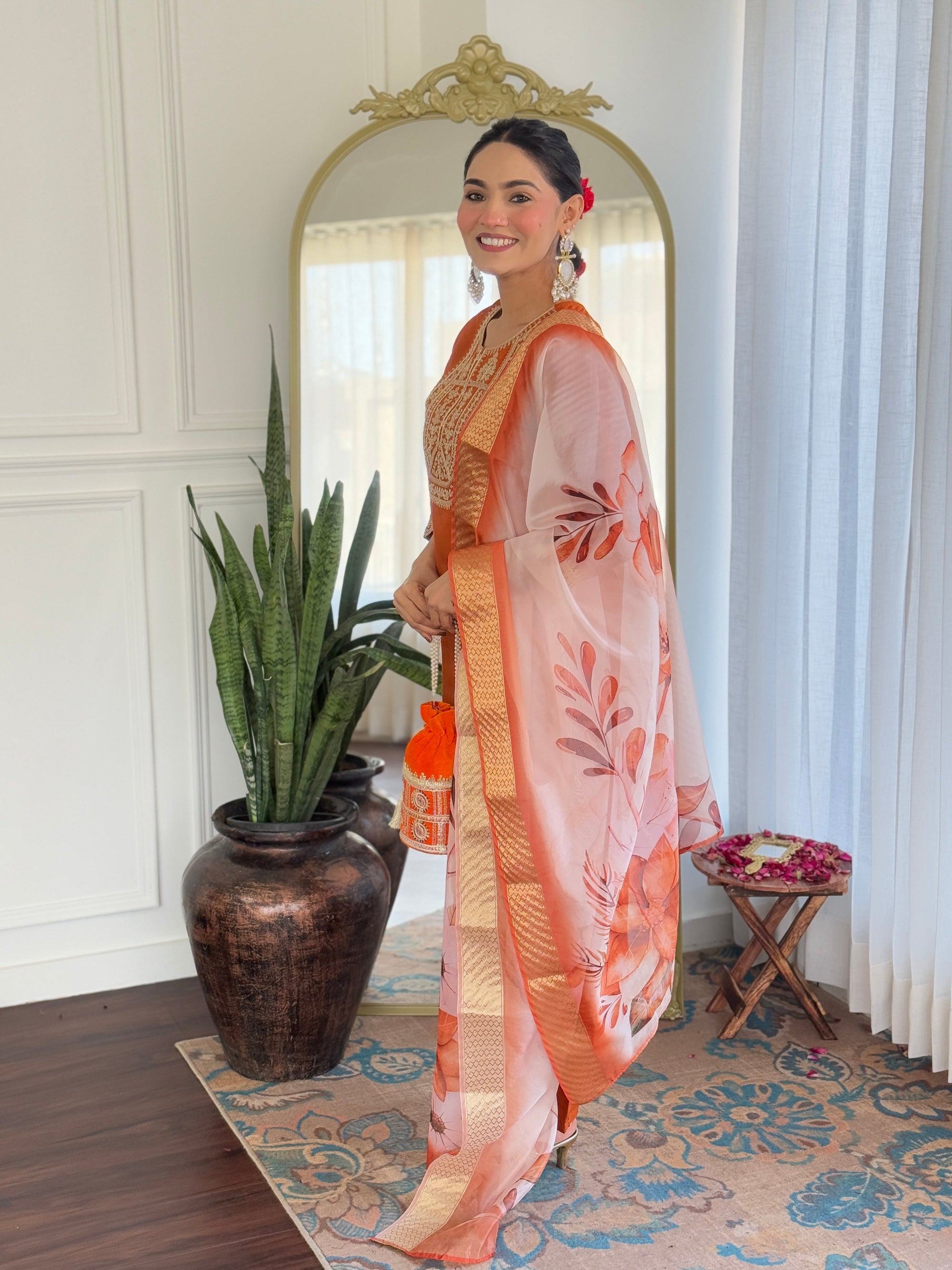 Beautiful Orange Color Viscose Rayon Fabric Kurtis Pant Set